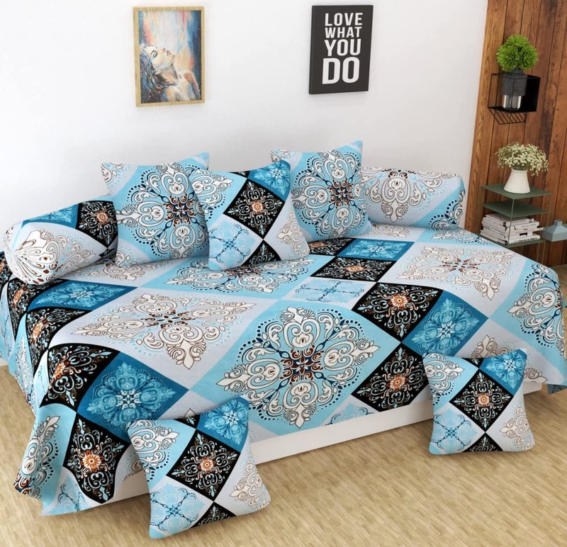 PRISCILLA PRISCILLA 250 TC Glace Cotton Diwan Set for Living RoomDrawing RoomBedroom Set of 8 1 Single Bedsheet 5 Cushion Covers 2 Bolster Covers Design 4  - Image 1