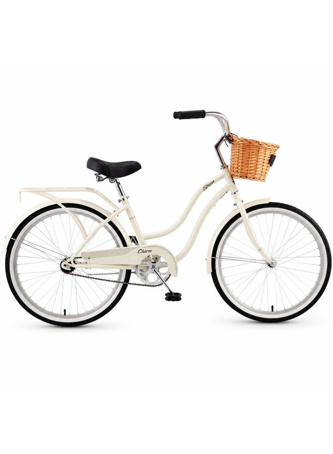 Spinn Charm 1 Women's Step-Through Cruiser Bike | 24 Inch Wheel Size | Adjustable Seat | With Front Basket And Rear Carrier | Pearl White - Image 1