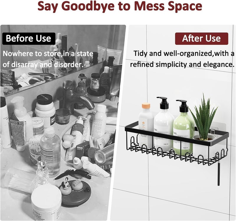 iSTAR Stainless Steel Self Adhesive Multipurpose Bathroom Shelves with Hooks Wall Mount Storage Shelf Racks Bathroom Accessories Organizer, (Black,Powder Coated) Pack of 1 - Image 5