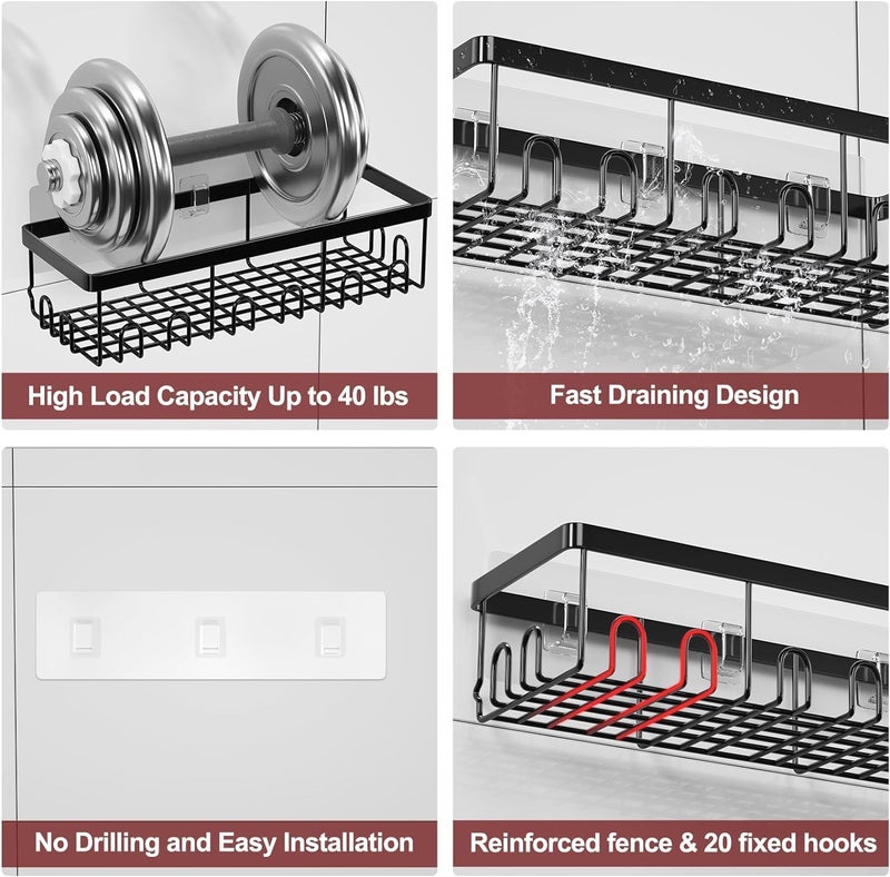 iSTAR Stainless Steel Self Adhesive Multipurpose Bathroom Shelves with Hooks Wall Mount Storage Shelf Racks Bathroom Accessories Organizer, (Black,Powder Coated) Pack of 1 - Image 4