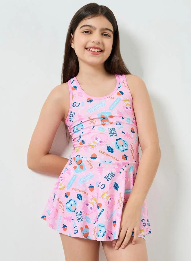 Styli Girls Pink Printed Swimsuit with Shorts