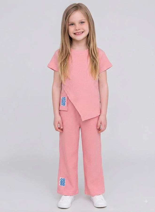 Take Two Girls Light Pink Textured Patchwork Asymmetric Hem T-Shirt and Trousers Set By Juniorloom
