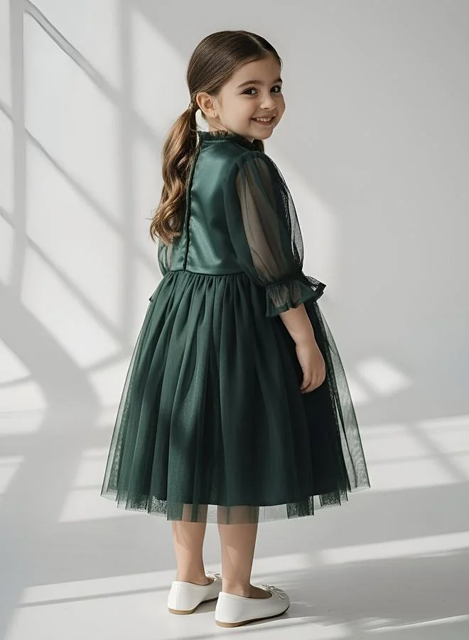 Bella Moda Girls Mesh Embroidered Dress Long Sleeves and Tassel Belt