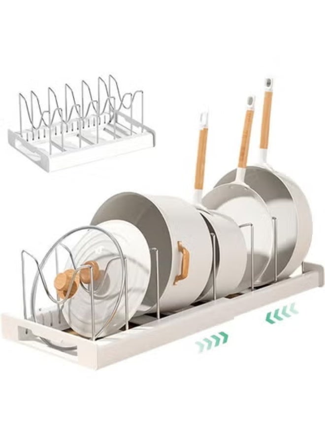 Pots and Pans Organizer, 56*21.8cm Expandable Large Kitchen Pot Lid organizer, Sliding cookware organizer Rack with 7 Tiers, kitchen storage shelf Pan Rack Pull-Out Cabinet Organizer Adjustable Pots and Pans Organizer Comes with U-shaped dish rack drying rack for Pots, Pans, Lids, Bowls, Plates, Dish Drying Rack for Kitchen Cabinet Storage - Image 1