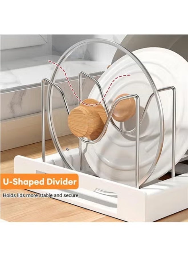 Pots and Pans Organizer, 56*21.8cm Expandable Large Kitchen Pot Lid organizer, Sliding cookware organizer Rack with 7 Tiers, kitchen storage shelf Pan Rack Pull-Out Cabinet Organizer Adjustable Pots and Pans Organizer Comes with U-shaped dish rack drying rack for Pots, Pans, Lids, Bowls, Plates, Dish Drying Rack for Kitchen Cabinet Storage - Image 4