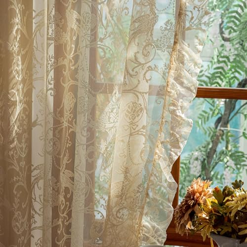 TUDECO Sheer Beige Curtains 72 Inch Length 2 Panels - French Country Vintage Lace Curtains with Flower Bird Pattern and Ruffle Edges, Rod Pocket Privacy Drapes for Dining Room Doorway, 59 x 72 Inch - Image 3