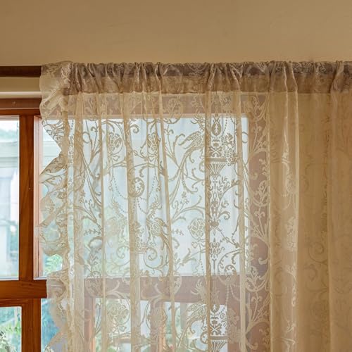 TUDECO Sheer Beige Curtains 72 Inch Length 2 Panels - French Country Vintage Lace Curtains with Flower Bird Pattern and Ruffle Edges, Rod Pocket Privacy Drapes for Dining Room Doorway, 59 x 72 Inch - Image 2