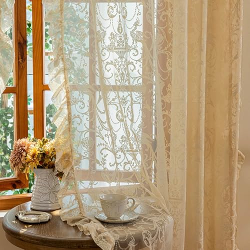 TUDECO Sheer Beige Curtains 72 Inch Length 2 Panels - French Country Vintage Lace Curtains with Flower Bird Pattern and Ruffle Edges, Rod Pocket Privacy Drapes for Dining Room Doorway, 59 x 72 Inch - Image 1