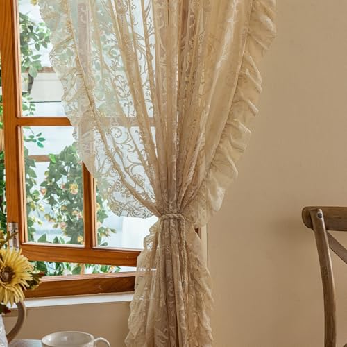 TUDECO Sheer Beige Curtains 72 Inch Length 2 Panels - French Country Vintage Lace Curtains with Flower Bird Pattern and Ruffle Edges, Rod Pocket Privacy Drapes for Dining Room Doorway, 59 x 72 Inch - Image 4
