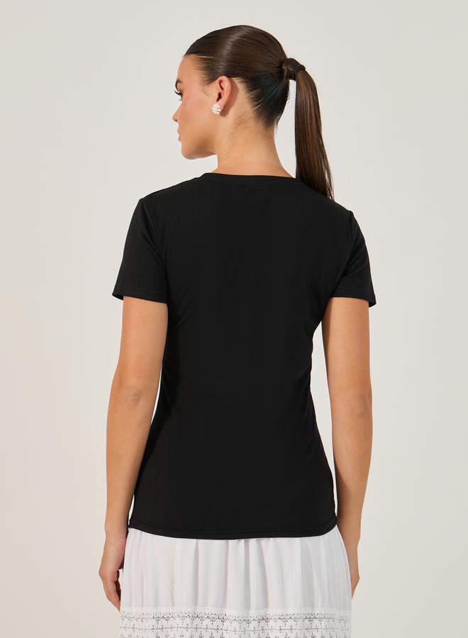 Styli Embellished Fitted Round Neck Short Sleeve T-Shirt  - Image 5