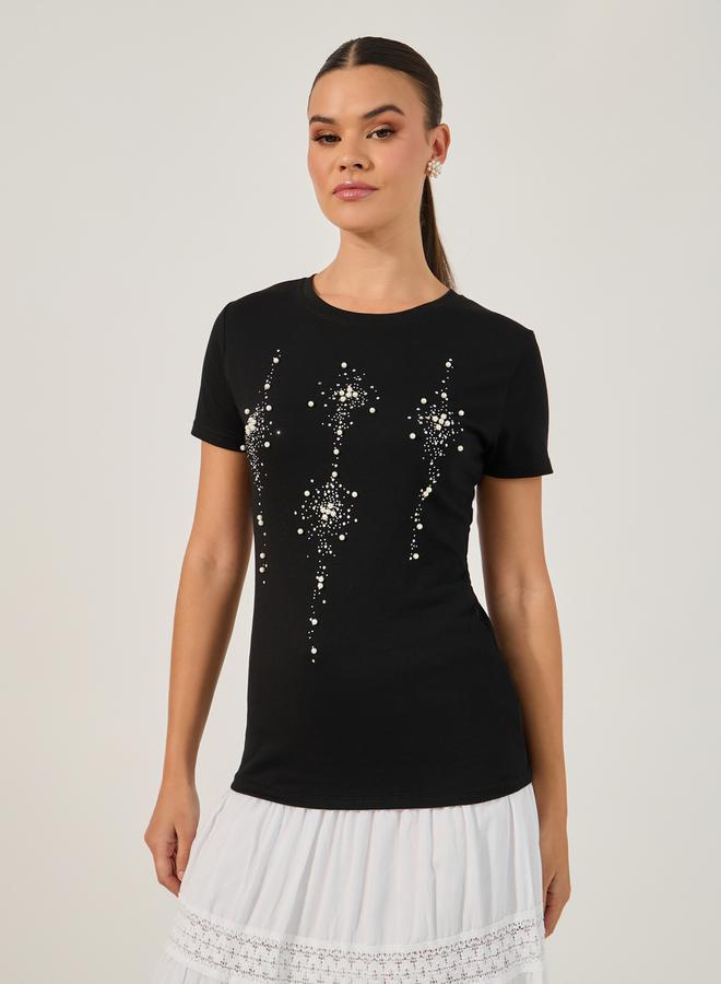 Styli Embellished Fitted Round Neck Short Sleeve T-Shirt  - Image 2
