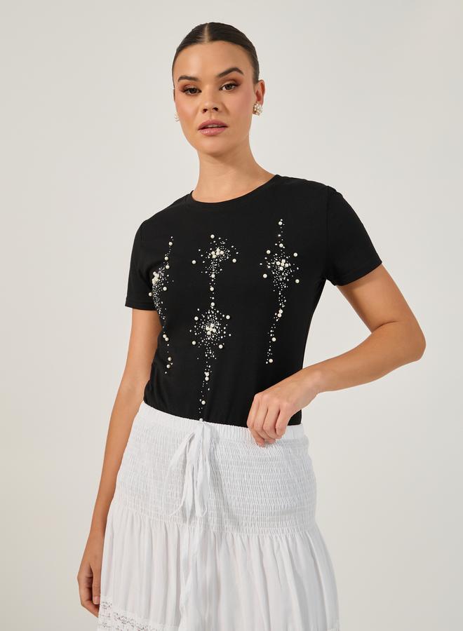 Styli Embellished Fitted Round Neck Short Sleeve T-Shirt  - Image 1