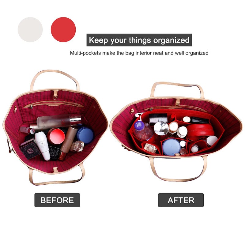 Doxo Purse Organizer Insert for Handbags & Base Shaper 2pc Set,Felt Organizer Insert Large Tote,Bag Organizer with Zipper 7 Sizes,Fit Speedy Neverfull MM/City33 and More(Red-L-Combination) - Image 4