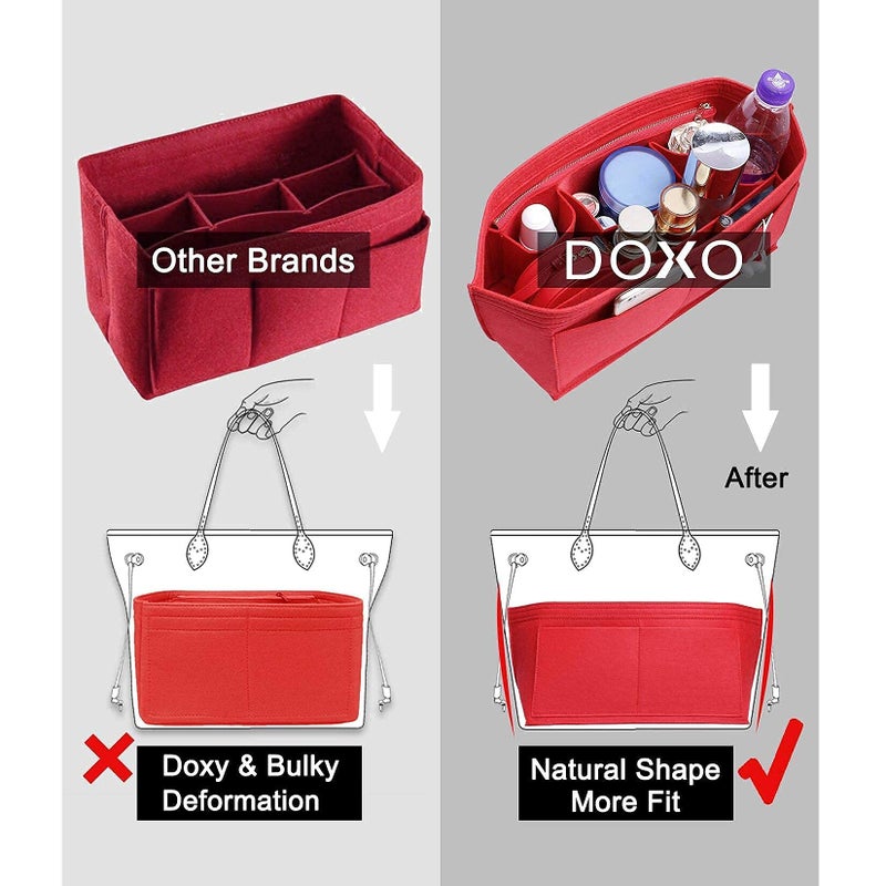 Doxo Purse Organizer Insert for Handbags & Base Shaper 2pc Set,Felt Organizer Insert Large Tote,Bag Organizer with Zipper 7 Sizes,Fit Speedy Neverfull MM/City33 and More(Red-L-Combination) - Image 3