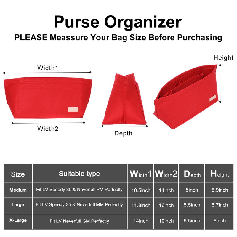 Doxo Purse Organizer Insert for Handbags & Base Shaper 2pc Set,Felt Organizer Insert Large Tote,Bag Organizer with Zipper 7 Sizes,Fit Speedy Neverfull MM/City33 and More(Red-L-Combination) - Image 2