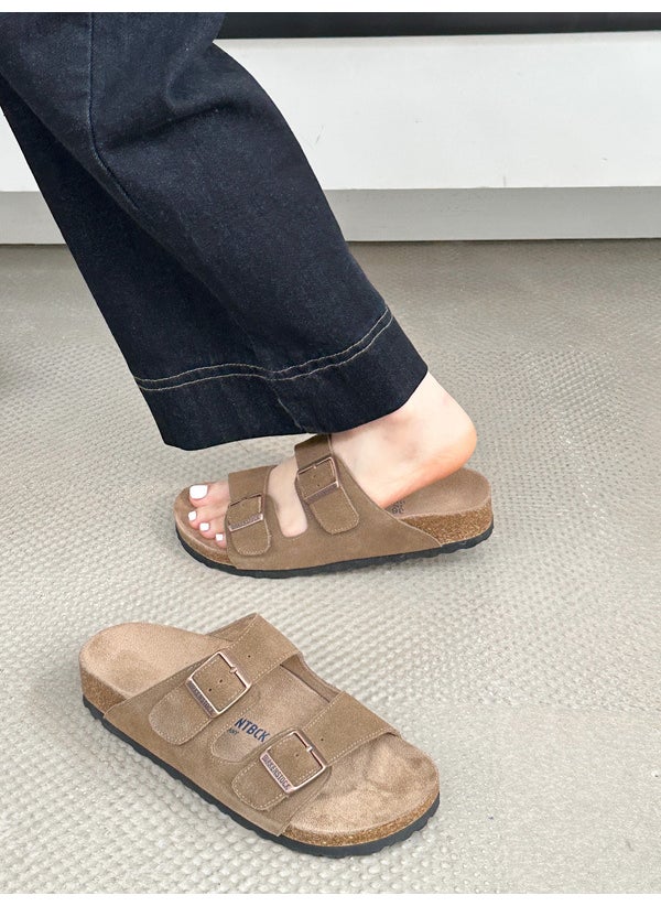 Generic Retro Leisure Style Birkenstock Sandals Classic Double Buckle Matte Leather Women Slippers Beach Sandals Comfortable Slip-On Sand color 
