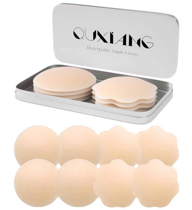 QUXIANG 4 Pairs Pasties Women Nipple Covers Reusable Adhesive Silicone Nippleless Covers Bra for Dress Cream (2 Round+2 Flower) - Image 1