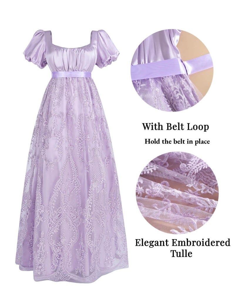 Nuoqi Regency Dress for Women Empire Waist Regency Era Costume Victorian Tea Party Gown, Purple, XXL - Image 5