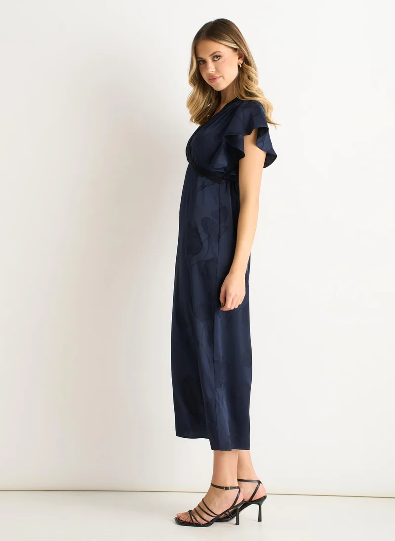 Gini London  Navy Floral Satin Jacquard Lace Trim Midi Dress for Women | Best Price UAE