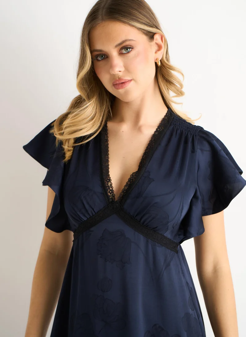 Gini London  Navy Floral Satin Jacquard Lace Trim Midi Dress for Women | Best Price UAE