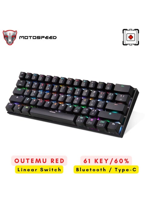 RGB Backlight 61-Key Mechanical Gaming Keyboard NKRO Anti-Ghosting 60% Mech Keeb Bluetooth USB Type-C Wired Dual-Mode - Black Outemu Red Switch