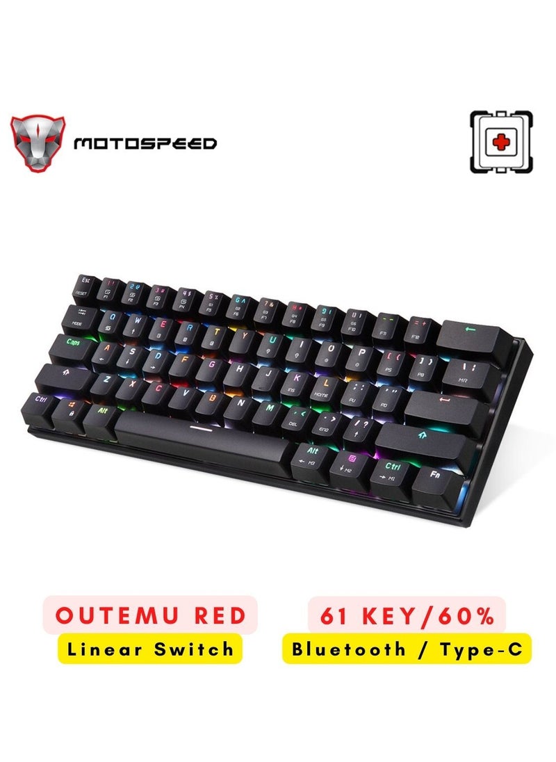 Motospeed - RGB Backlight 61-Key Mechanical Gaming Keyboard NKRO Anti-Ghosting 60% Mech Keeb Bluetooth USB Type-C Wired Dual-Mode - Black Outemu Red Switch - Image 1