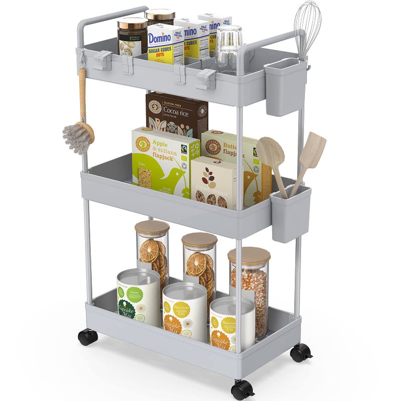 Ronlap Slim Storage Trolley 3 Tier Rolling Cart Storage Organizer Utility Rolling Cart with Handle Hanging Cups Dividers for Office Bathroom Kitchen Laundry Room Narrow Places Grey