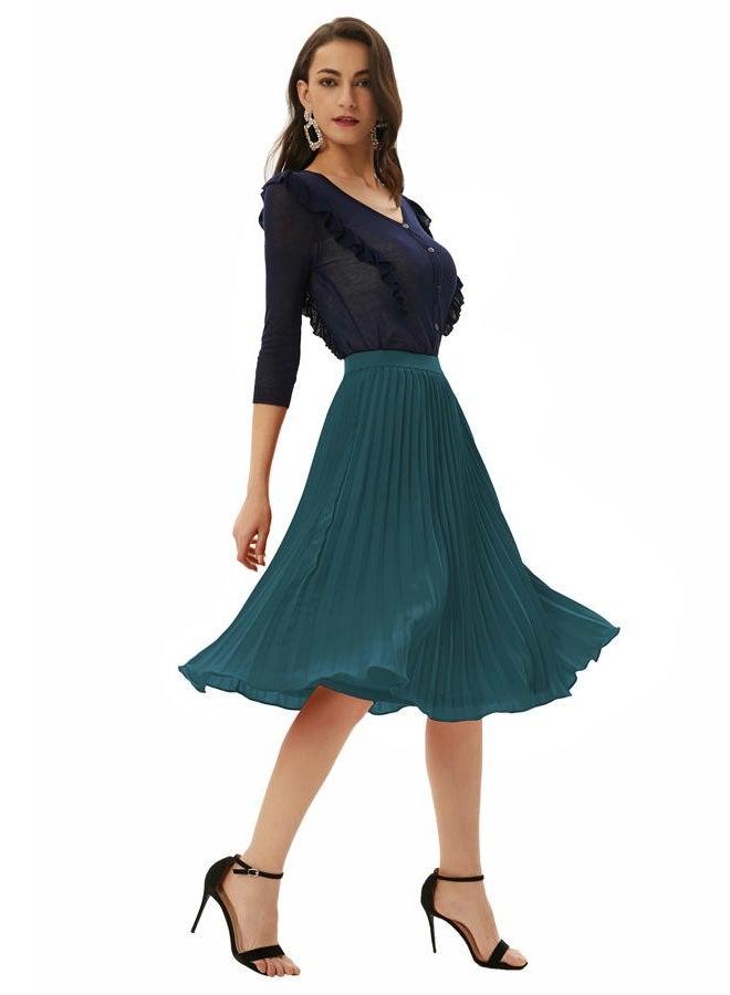 GRACE KARIN Women's Vintage Skirts A-line Pleated Flared Chiffon Skirts Blue Green L - Image 4