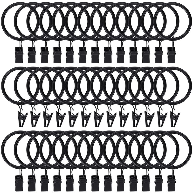 Lansian 44pcs Curtain Rings with Clips Hooks 15 inch Rustproof Matte Metal Stainless Steel Drapery Rings for Tension Rod Bracket Eyelets Decorative Hangers Vintage Black 15 Interior Diameter 