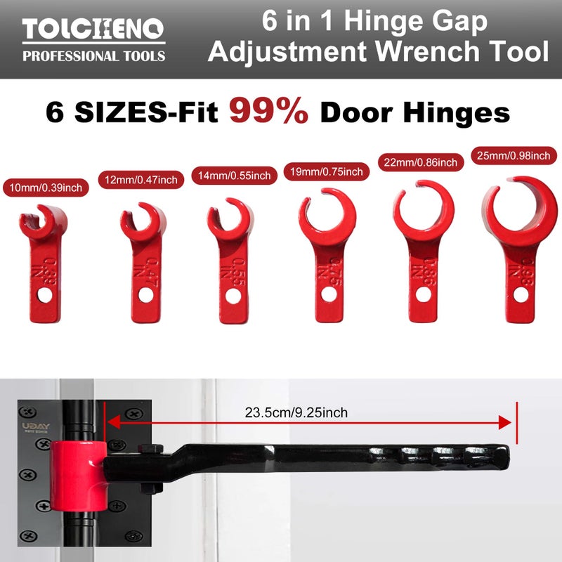 Tolcheno 6 In 1 Door Hinge Adjustment Tool  Hinge Adjustment Tool For Residential  Commercial & Cabinet Doors  Heavy Duty Steel Multi-Size Wrench With Ergonomic Handle  Fits 0.39-0.98Inch Hinges - Image 2