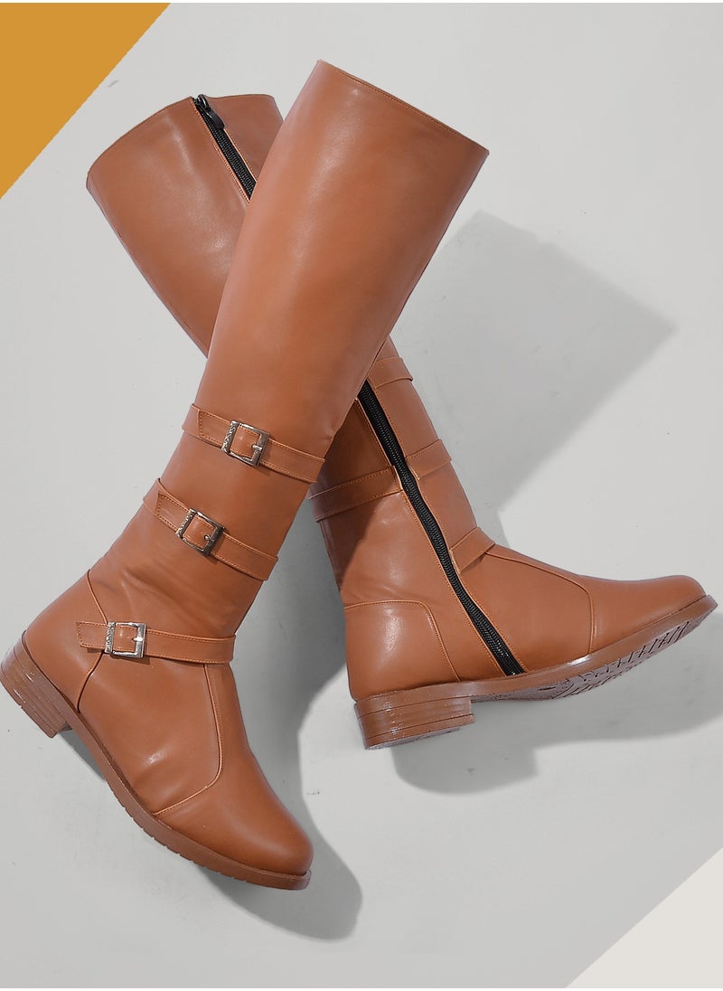 Long Leather 3 Buckle Half-boot - HAVAN Z-6