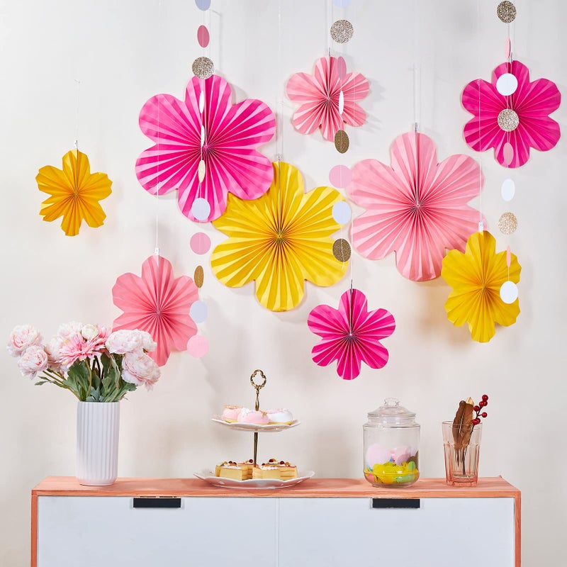 SUNBEAUTY Paper Flowers Decorations for Wall, Paper Flower Fan Classroom Decoration Paper Floral Backdrop Decor Paper Fans Decoration Hanging Paper Fans Pink Yellow Flower Wall Decor - Image 5
