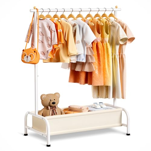 MISSLO Kids Clothing Rack with Basket Small Dress Up Storage Short Toddler Dress Up Rack Kids Closet for Baby Clothes, White - Image 1