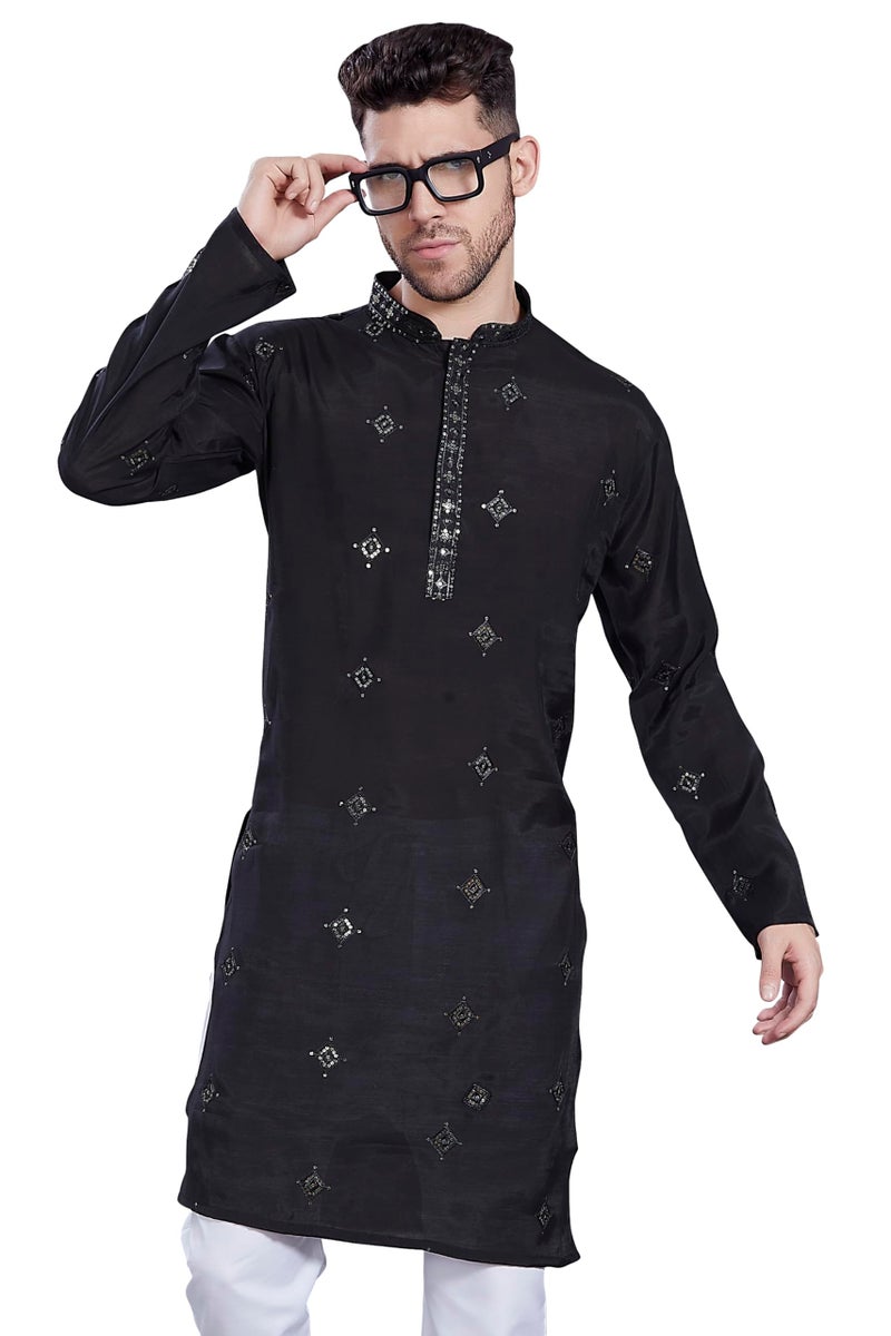 DIVISIVE Men's Embroidered Silk Blend Only Slim Fit Kurta (DKRT821_XL_Black) - Image 1