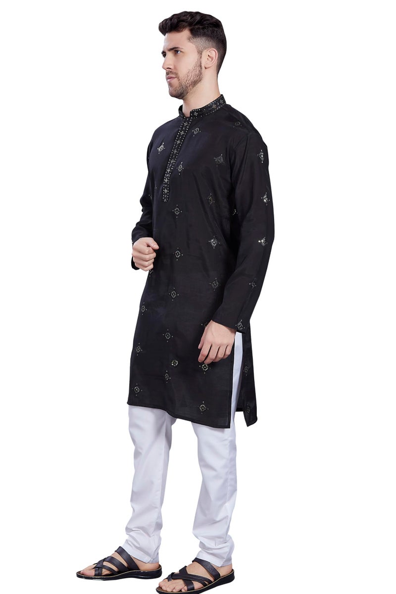 DIVISIVE Men's Embroidered Silk Blend Only Slim Fit Kurta (DKRT821_XL_Black) - Image 4