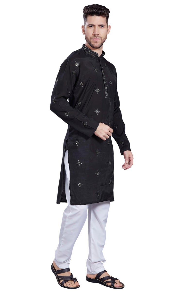 DIVISIVE Men's Embroidered Silk Blend Only Slim Fit Kurta (DKRT821_XL_Black) - Image 3