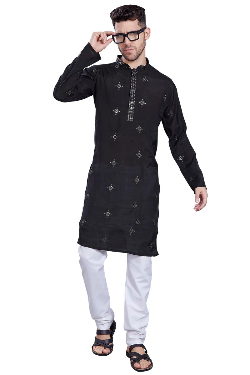 DIVISIVE Men's Embroidered Silk Blend Only Slim Fit Kurta (DKRT821_XL_Black) - Image 2