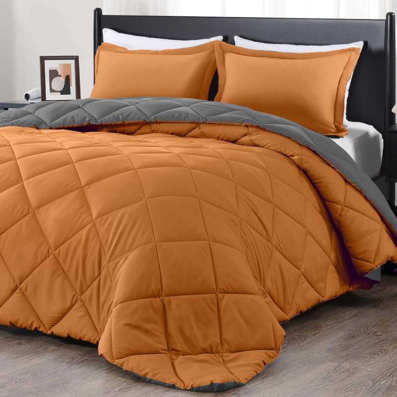 downluxe King Size Comforter Set  Burnt Orange and Grey King Comforter Soft Bedding Sets for All Seasons 3 Pieces  1 Comforter 104x92 and 2 Pillow Shams20x36