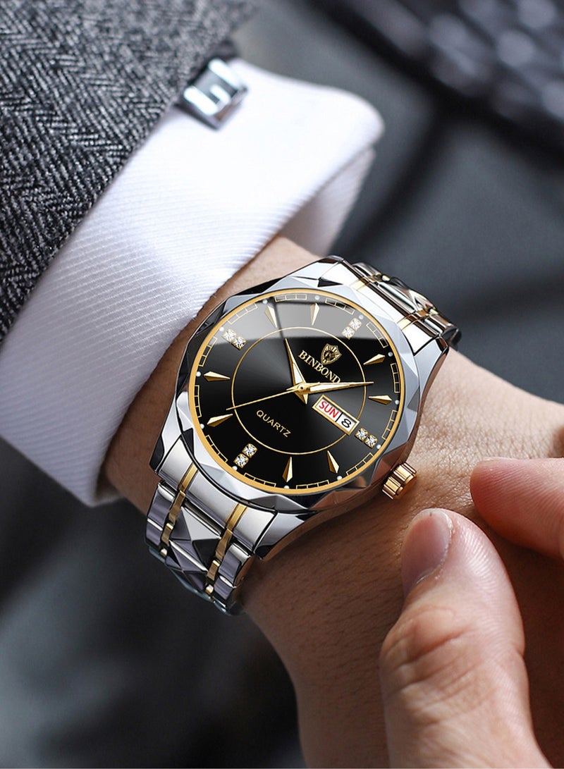 بينبوند ساعات رجالية كوارتز من الفولاذ المقاوم للصدأ ماركة أزياء عالمية رياضية عسكرية سوار فولاذي مقاوم للماء مضيئة ساعات يد رجالية ذهبية للأعمال - Image 2