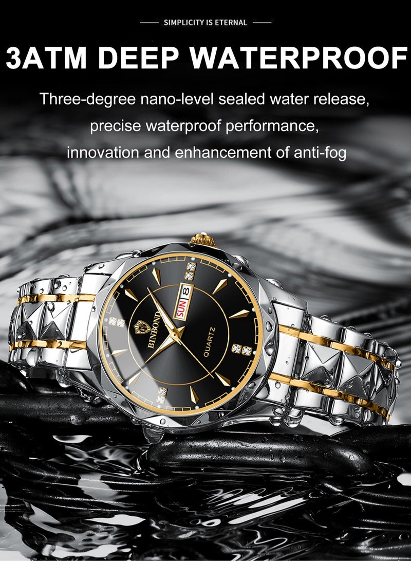 بينبوند ساعات رجالية كوارتز من الفولاذ المقاوم للصدأ ماركة أزياء عالمية رياضية عسكرية سوار فولاذي مقاوم للماء مضيئة ساعات يد رجالية ذهبية للأعمال - Image 3