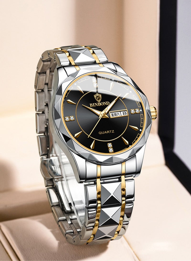 بينبوند ساعات رجالية كوارتز من الفولاذ المقاوم للصدأ ماركة أزياء عالمية رياضية عسكرية سوار فولاذي مقاوم للماء مضيئة ساعات يد رجالية ذهبية للأعمال - Image 4