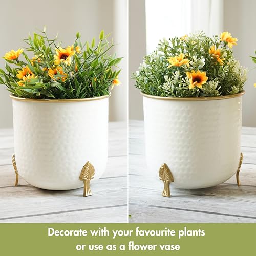 BEHOMA Metal Hammered White Planter with Golden Trim for Home Decor | Decoratives for Indoor Outdoor Balcony Living Room | Table Decor Plant Pot Gifting | Size H- 6" x Dia.6 inch (Plant not Included) - Image 5