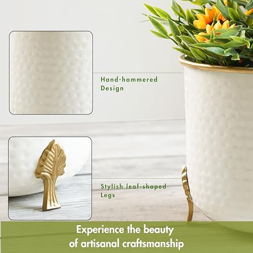 BEHOMA Metal Hammered White Planter with Golden Trim for Home Decor | Decoratives for Indoor Outdoor Balcony Living Room | Table Decor Plant Pot Gifting | Size H- 6" x Dia.6 inch (Plant not Included) - Image 3