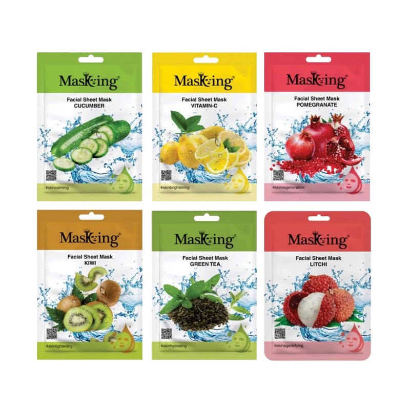MasKing Beauty Cucumber VitaminC Pomegranate Kiwi Greentea Litchi extract Facial sheet mask for glowing and hydrating daily Skin care combo pack of 6 - Image 1