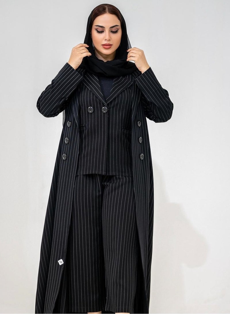 طراز عباية بدلة رسمية مقلمة باللون الأسود للأعمال والمناسبات - Image 2
