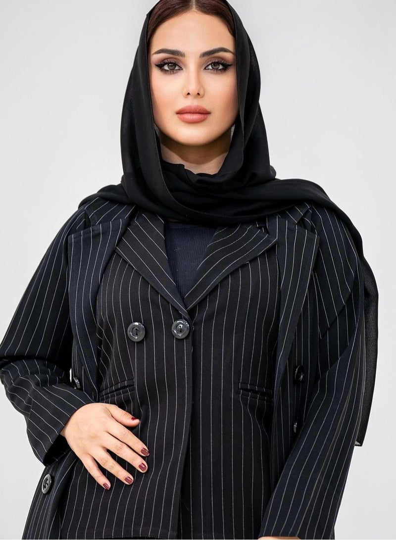 طراز عباية بدلة رسمية مقلمة باللون الأسود للأعمال والمناسبات - Image 3