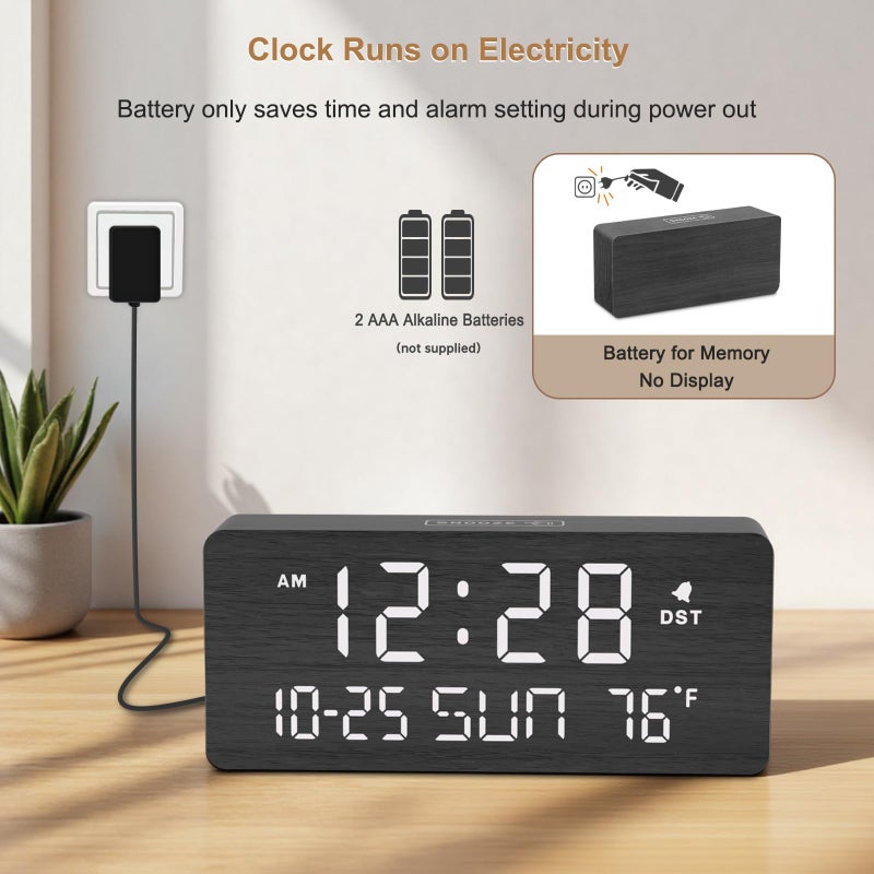 DreamSky Wooden Digital Alarm Clocks for Bedrooms - Living Room Desk Clock with Date and Day of Week, Temperature, USB Port, Dimmer Wheel, Adjustable Volume, Auto DST, Wood Decor for Office Table - Image 3