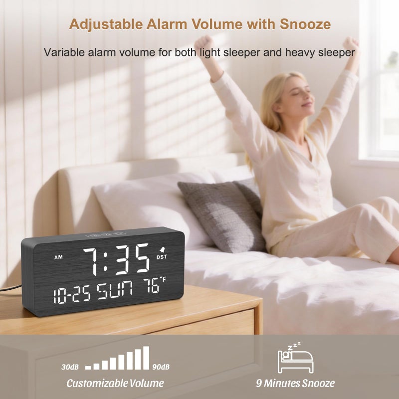 DreamSky Wooden Digital Alarm Clocks for Bedrooms - Living Room Desk Clock with Date and Day of Week, Temperature, USB Port, Dimmer Wheel, Adjustable Volume, Auto DST, Wood Decor for Office Table - Image 4