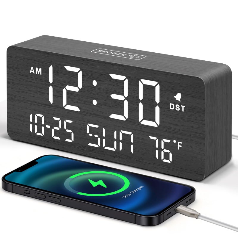 DreamSky Wooden Digital Alarm Clocks for Bedrooms - Living Room Desk Clock with Date and Day of Week, Temperature, USB Port, Dimmer Wheel, Adjustable Volume, Auto DST, Wood Decor for Office Table - Image 1