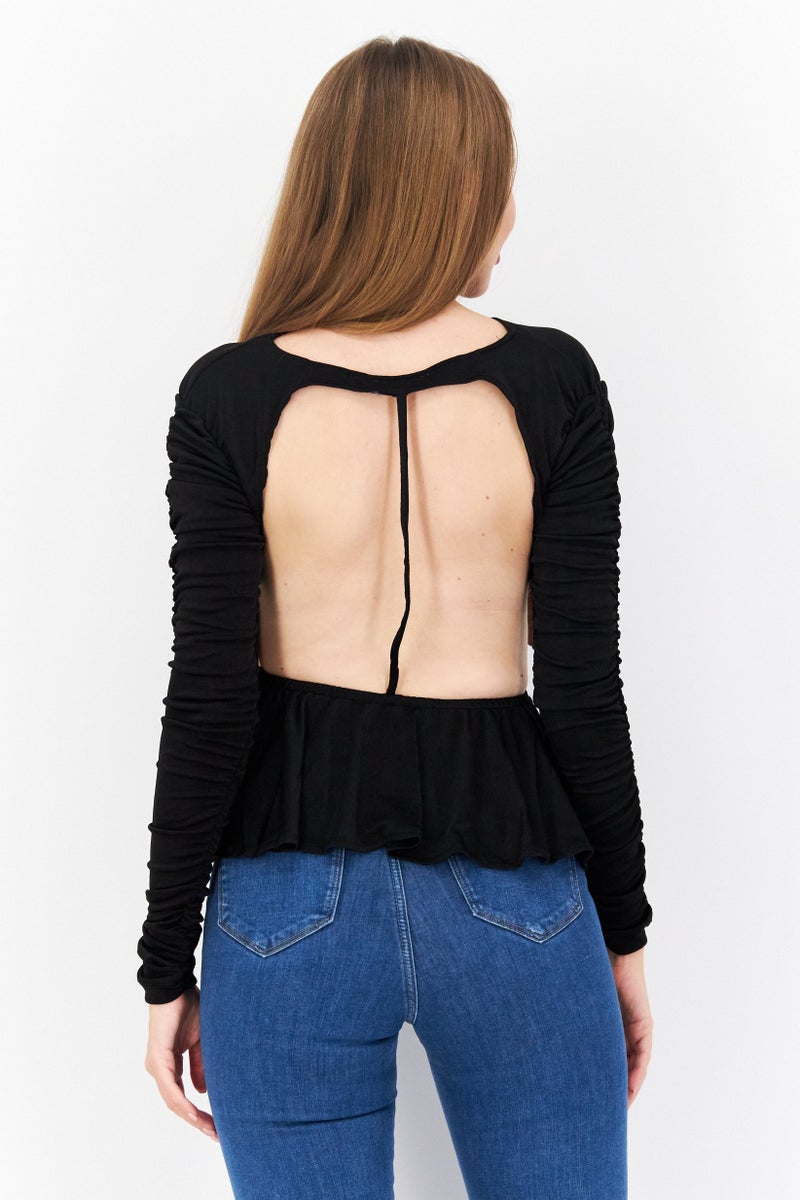 NA-KD Women V Neck Ruched Cutoff Back Long Sleeve Top, Black - Image 3